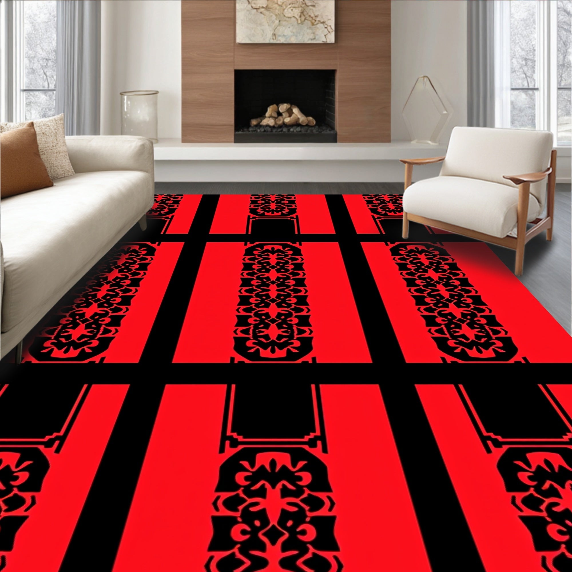 Crimson Red Geometric Lattice Panel Rug