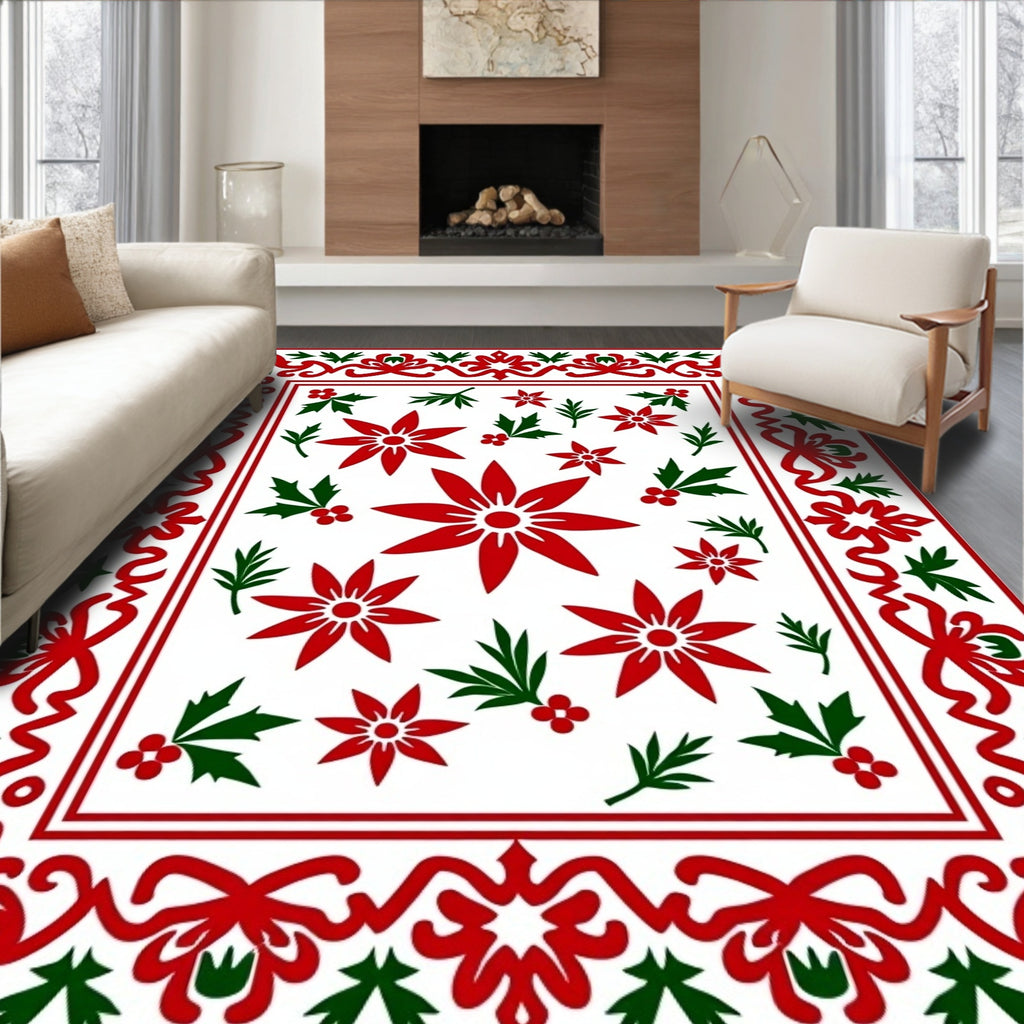 Festive Red Green Poinsettia Border Rug