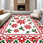Festive Red Green Poinsettia Border Rug