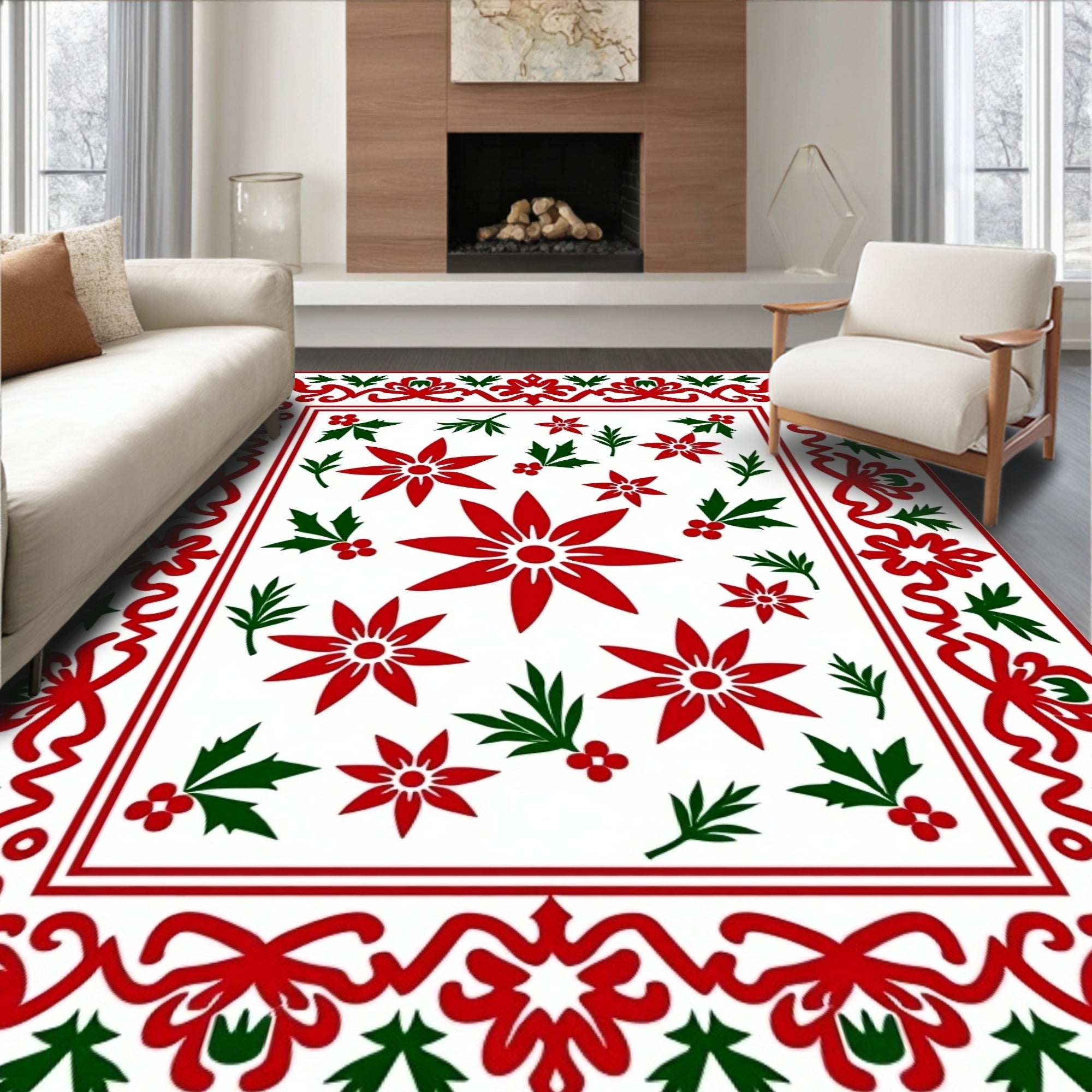 Festive Red Green Poinsettia Border Rug