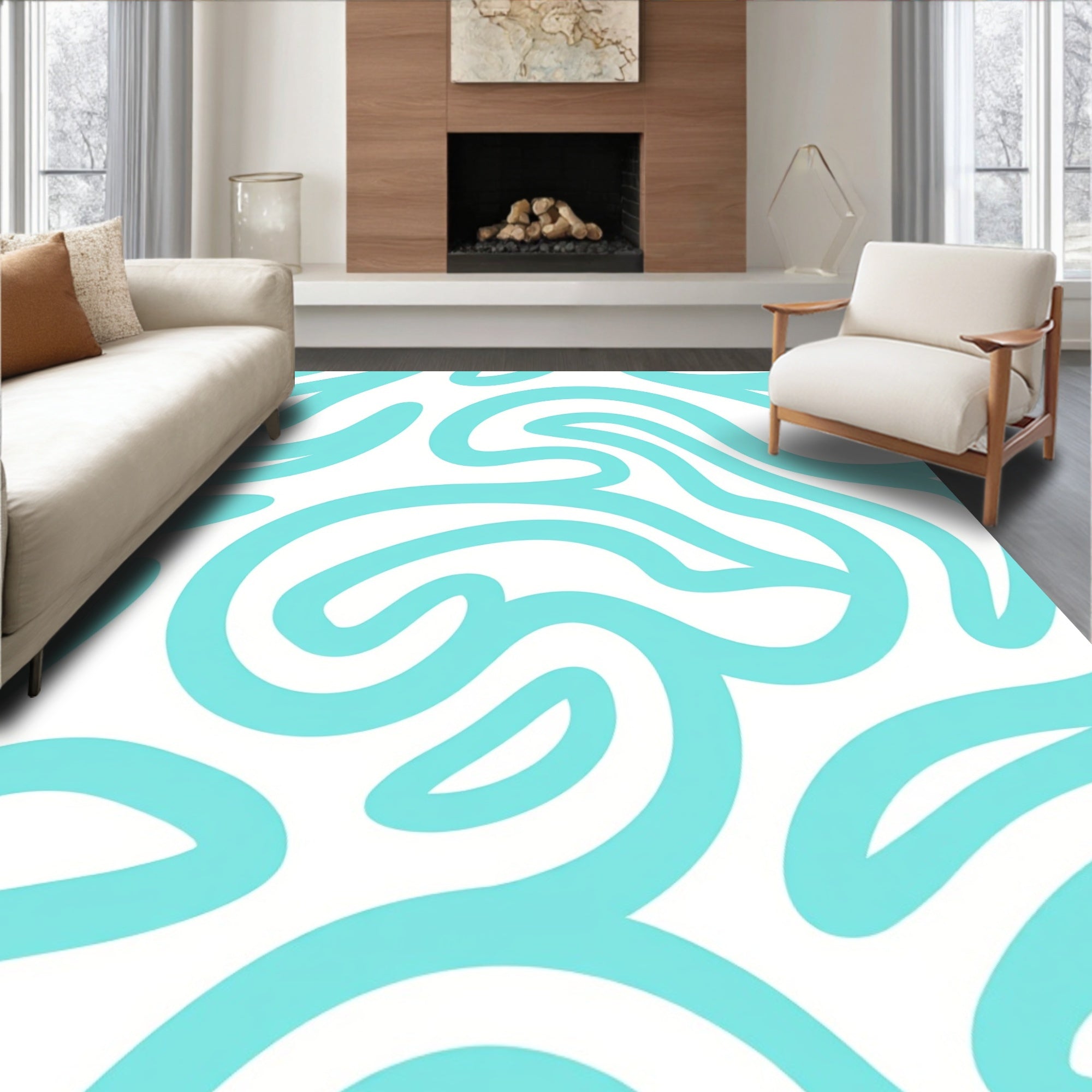 Aqua White Swirl Abstract Curves Rug