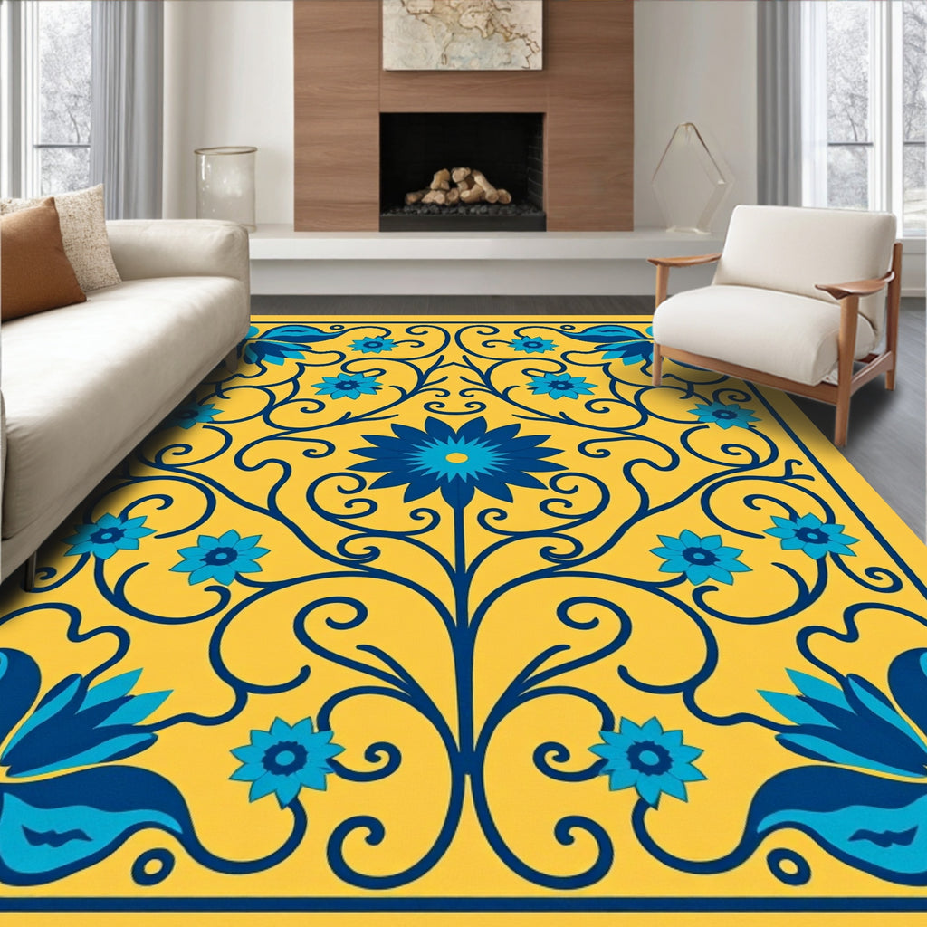 Vibrant Yellow Blue Floral Swirls Rug