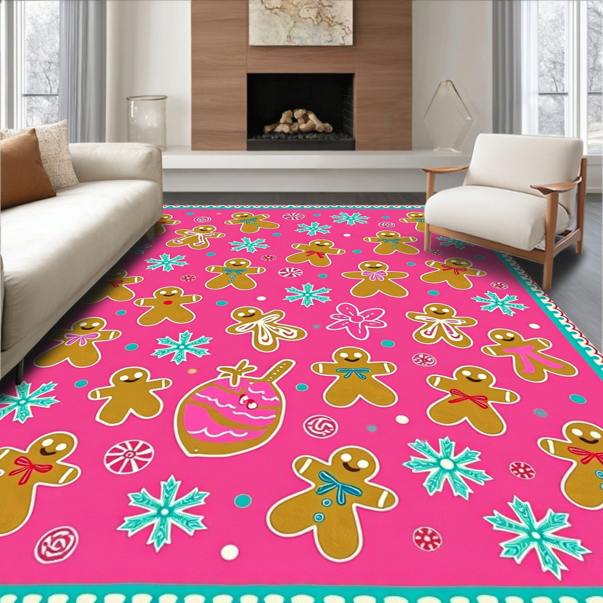 Pink Gingerbread Friends Christmas Rug