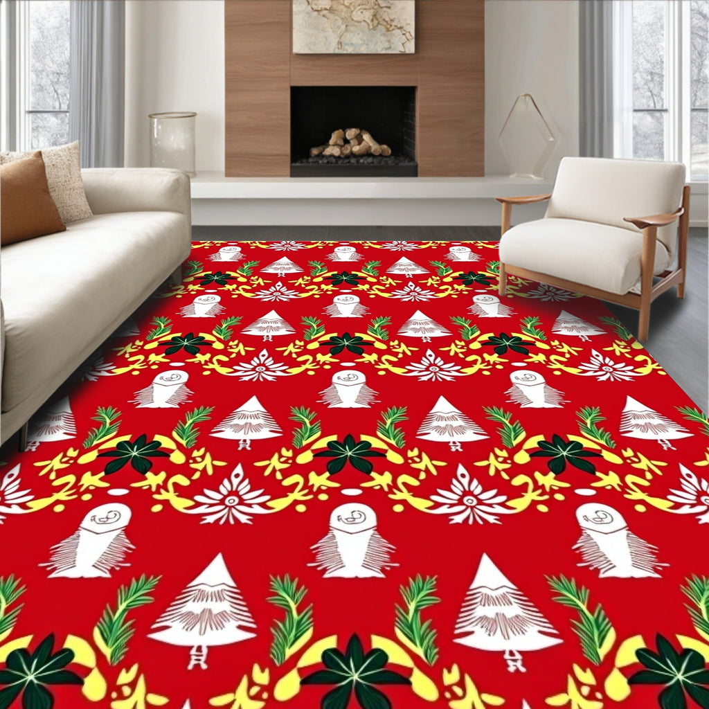 Red Festive Tree and Owl Garland Rug