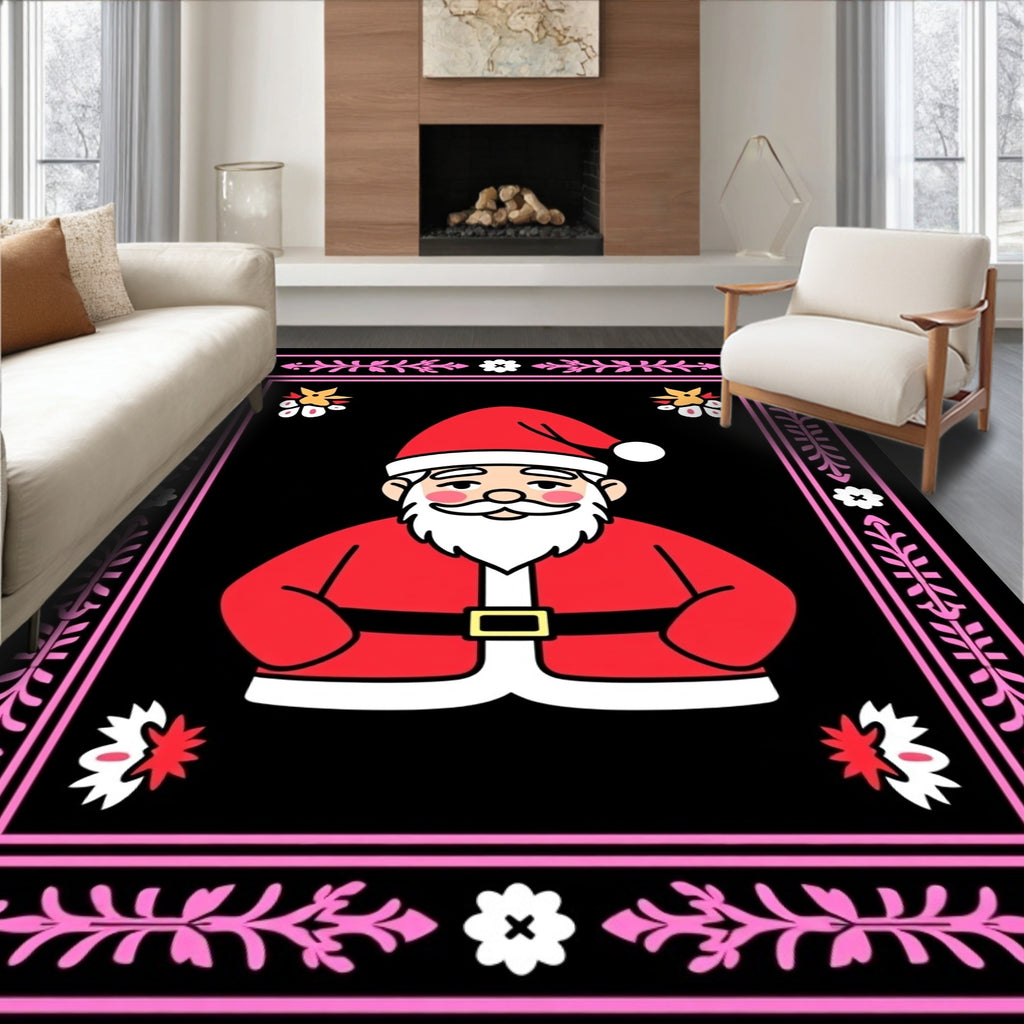 Festive Santa Claus Pink Floral Border Rug