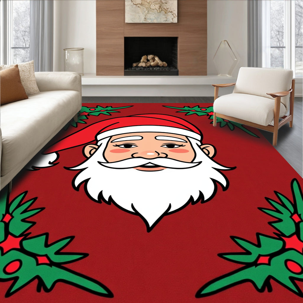 Friendly Santa Christmas Holly Border Rug