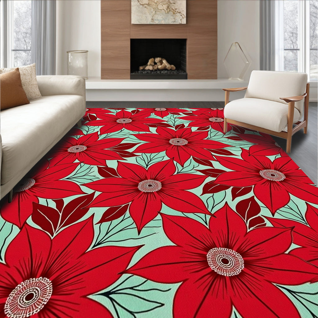 Bold Red Floral Garden Print Rug