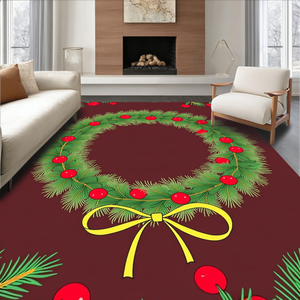 Festive Green Pine Red Berry Wreath Rug