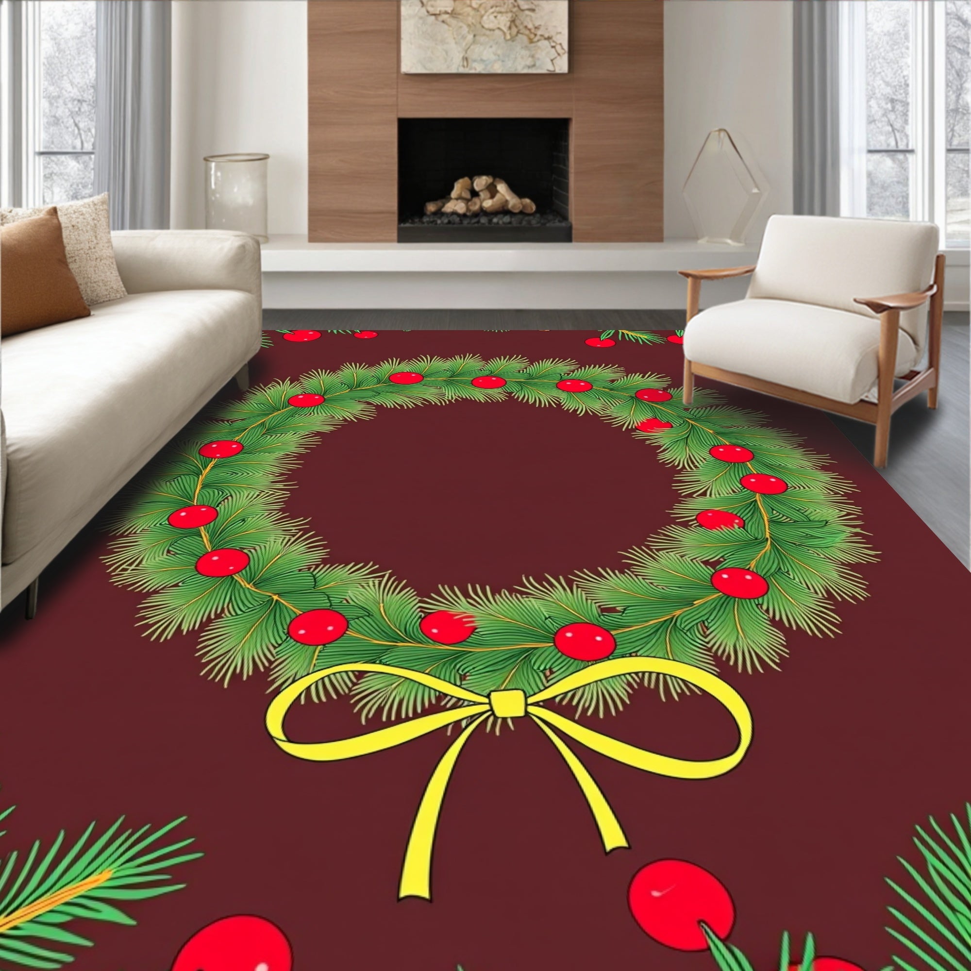Festive Green Pine Red Berry Wreath Rug