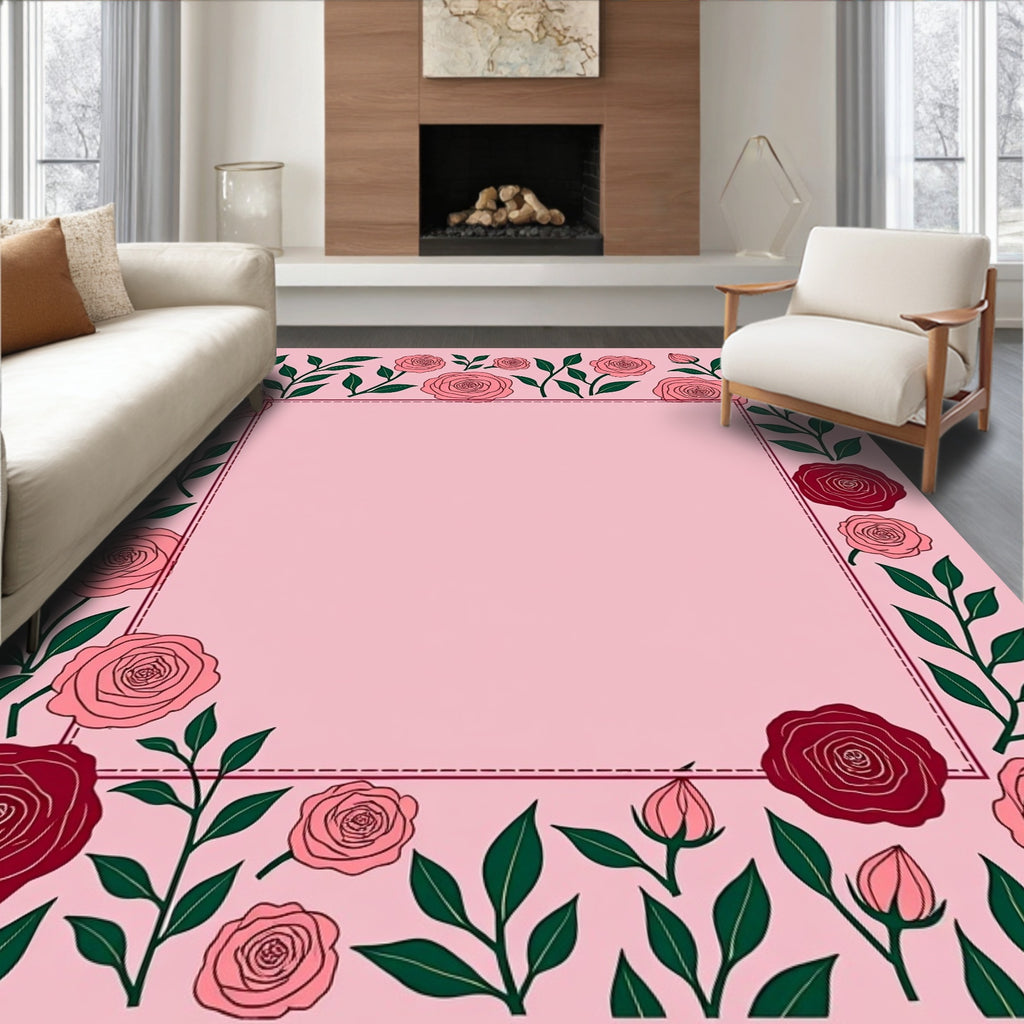 Pink Rose Vine Border Rug