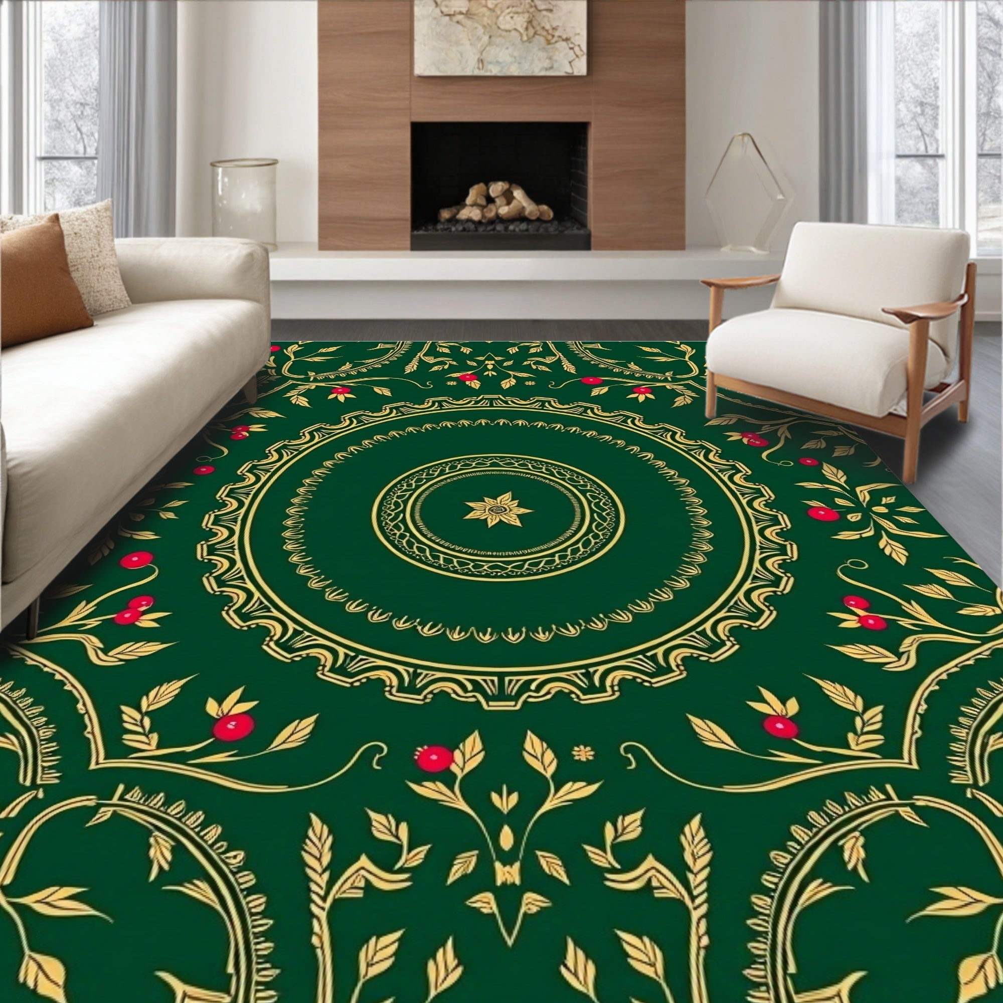Emerald Green Golden Floral Medallion Rug