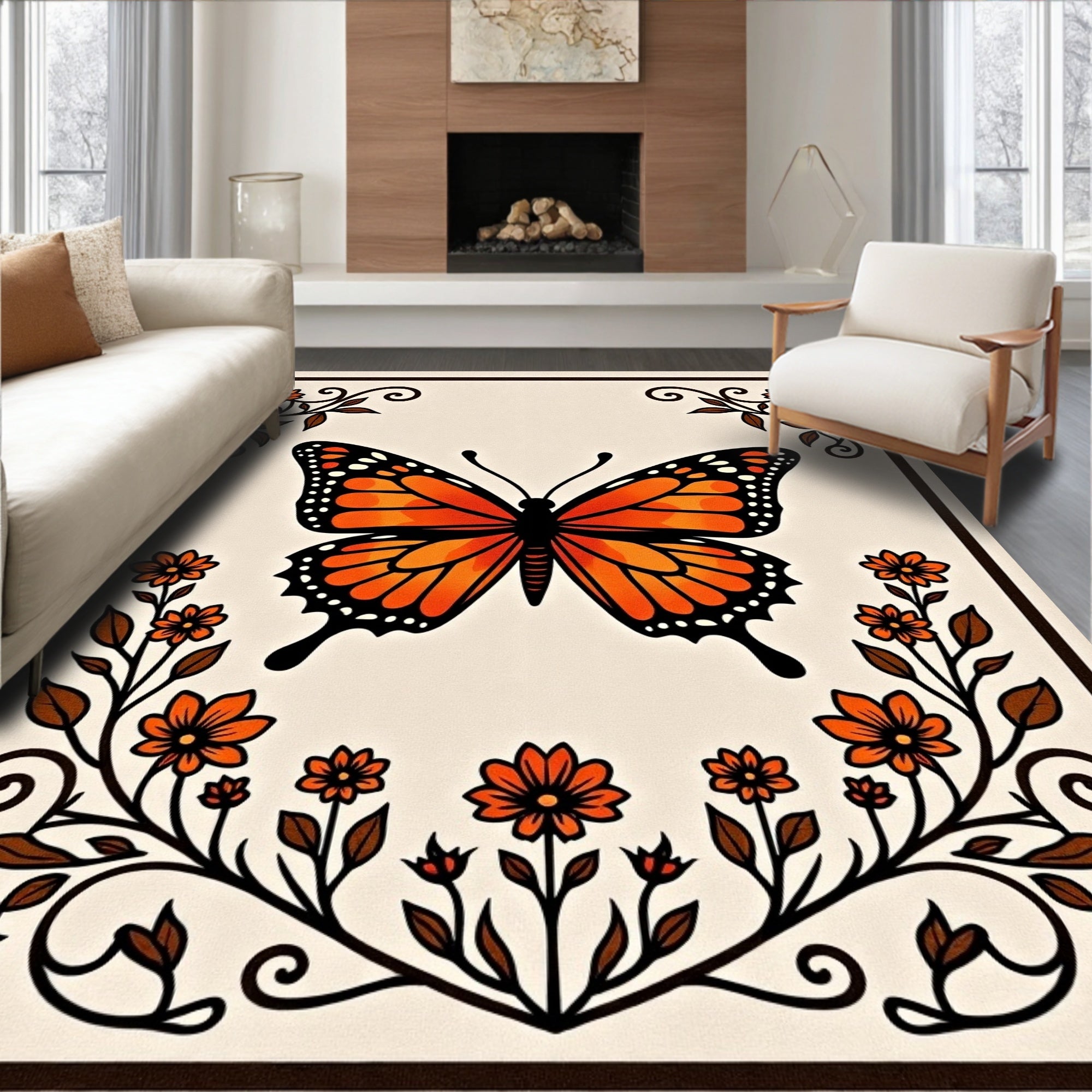 Monarch Butterfly Floral Frame Rug