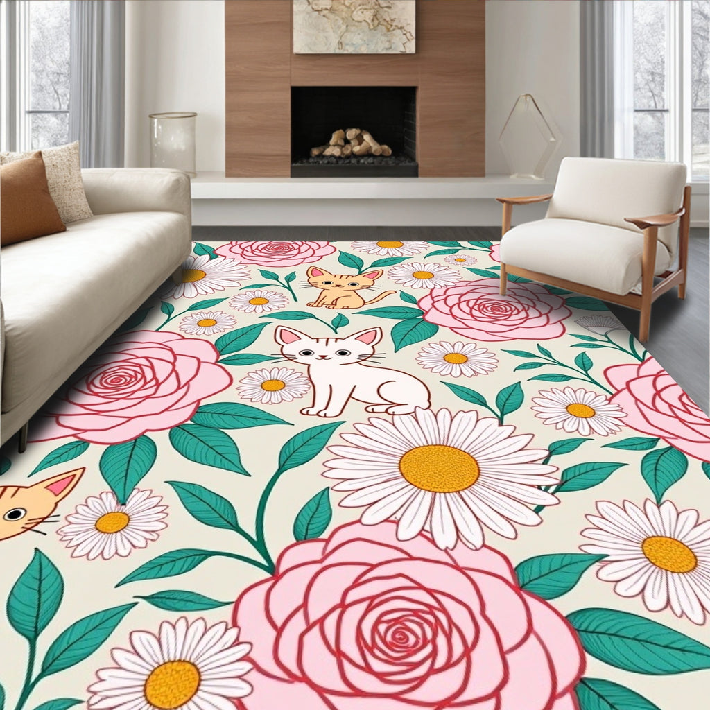 Playful Kittens Amongst Pink Roses Rug