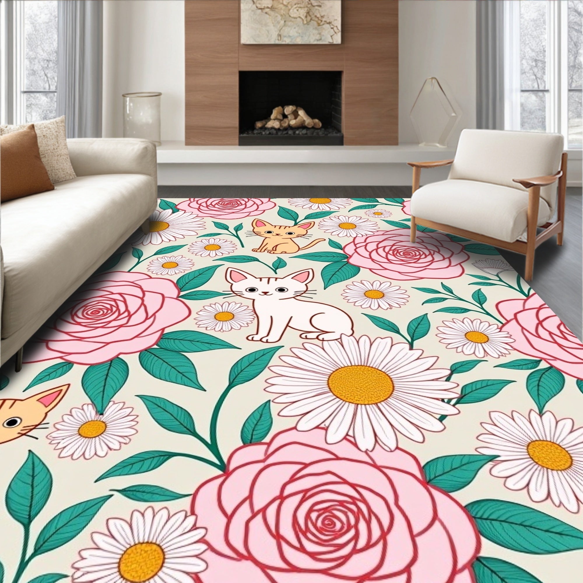 Playful Kittens Amongst Pink Roses Rug