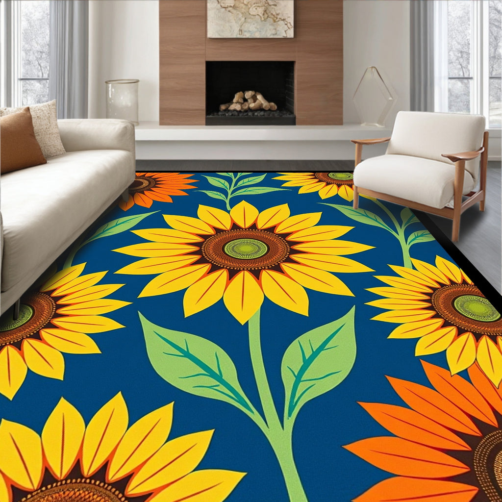 Vibrant Sunflower Garden With Blue Background Rug