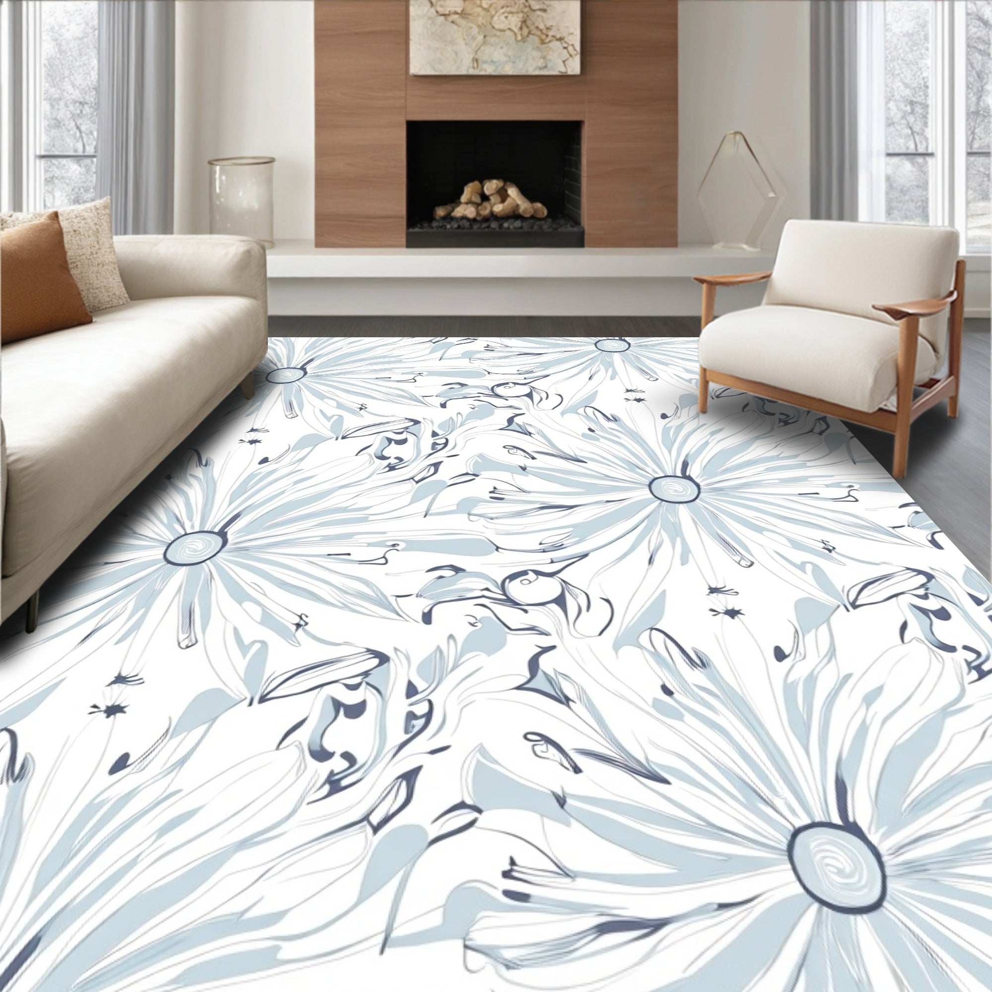 Soft Blue Daisy Floral Swirls Rug