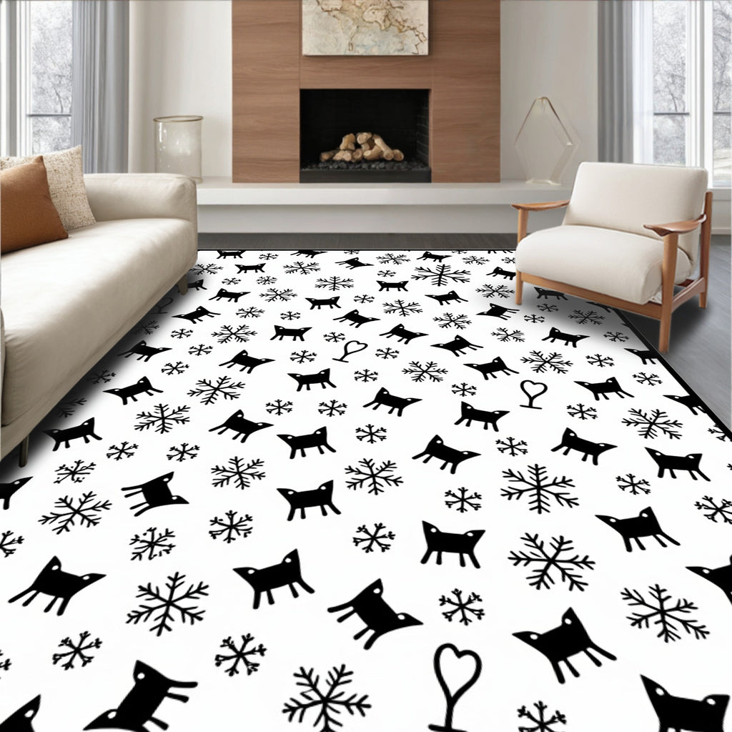 Whimsical Black Fox Snowflakes Heart Rug