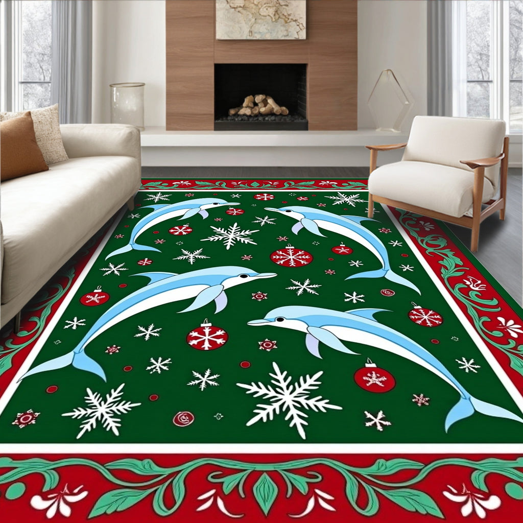 Festive Blue Dolphins Snowflakes Ornaments Border Rug