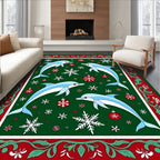 Festive Blue Dolphins Snowflakes Ornaments Border Rug