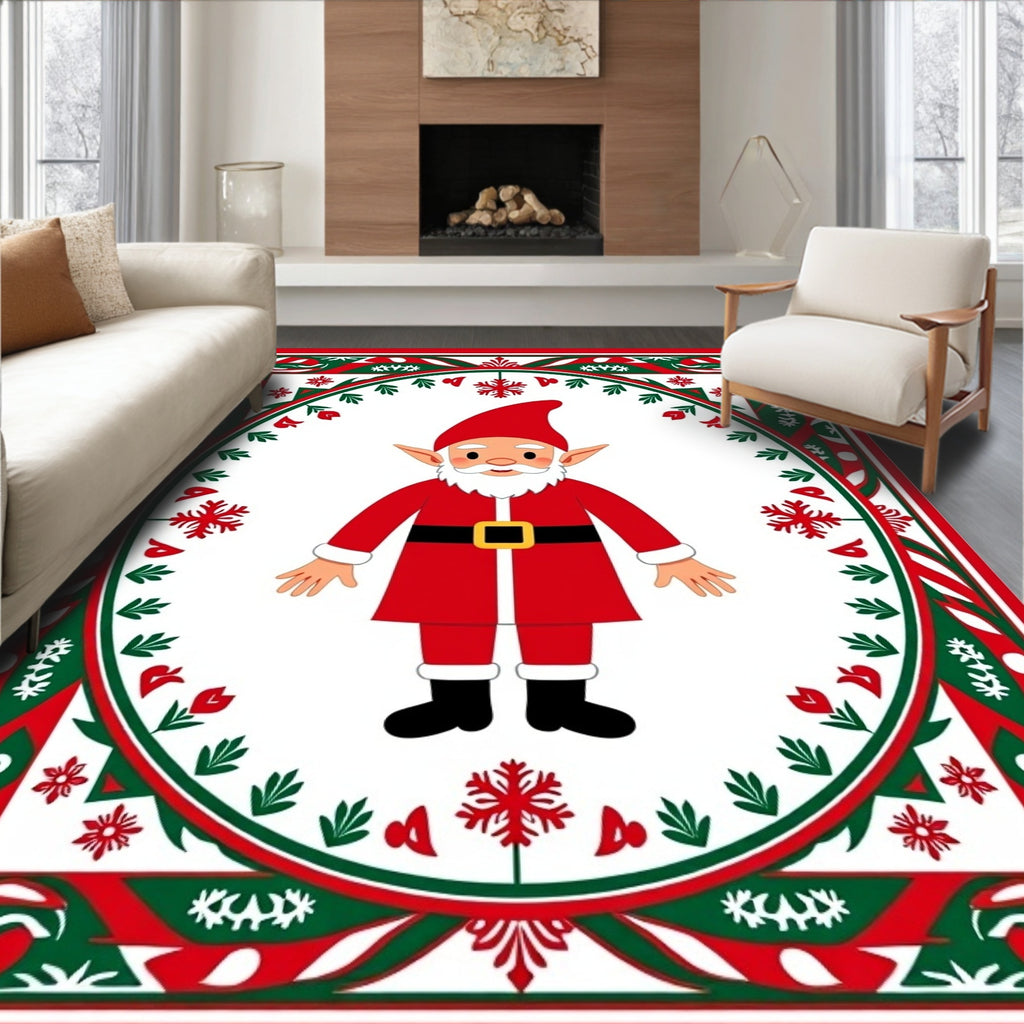 Festive Red Green Gnome Snowflake Border Rug