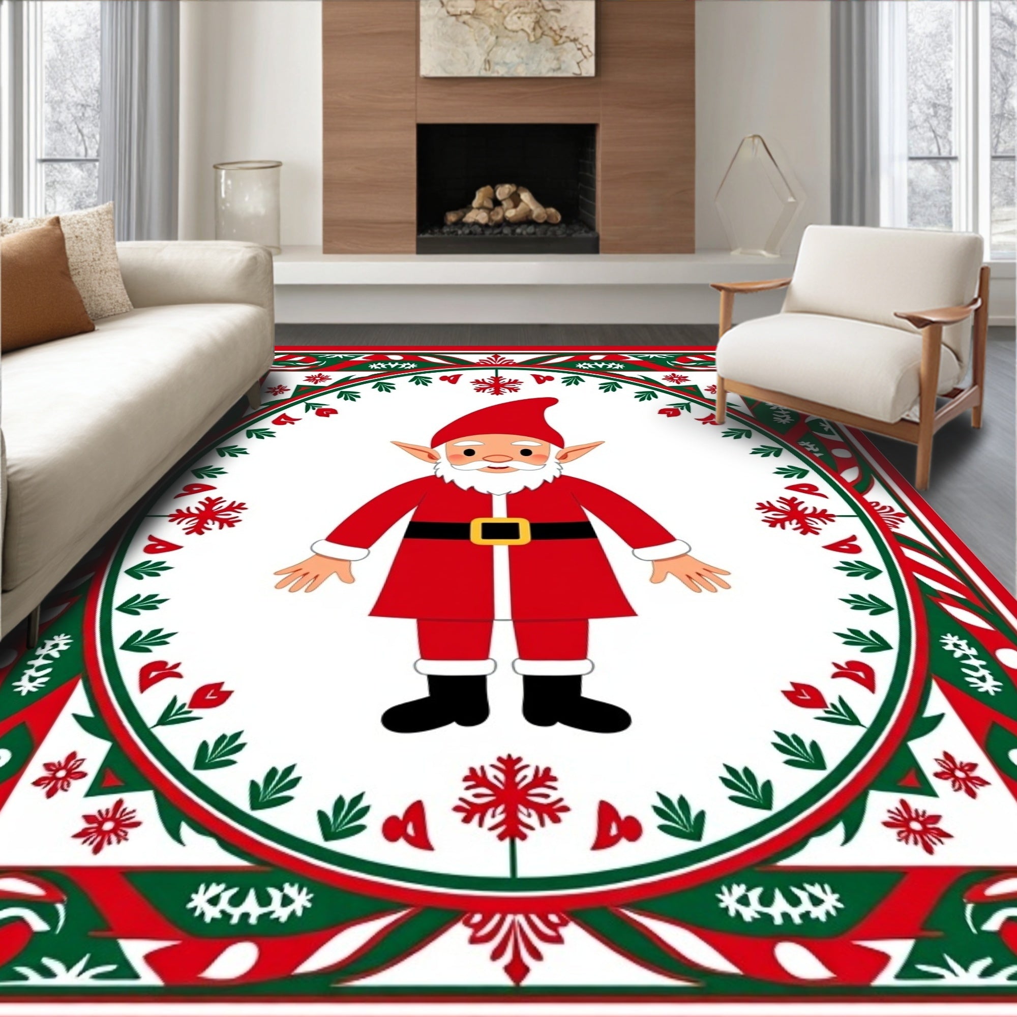 Festive Red Green Gnome Snowflake Border Rug