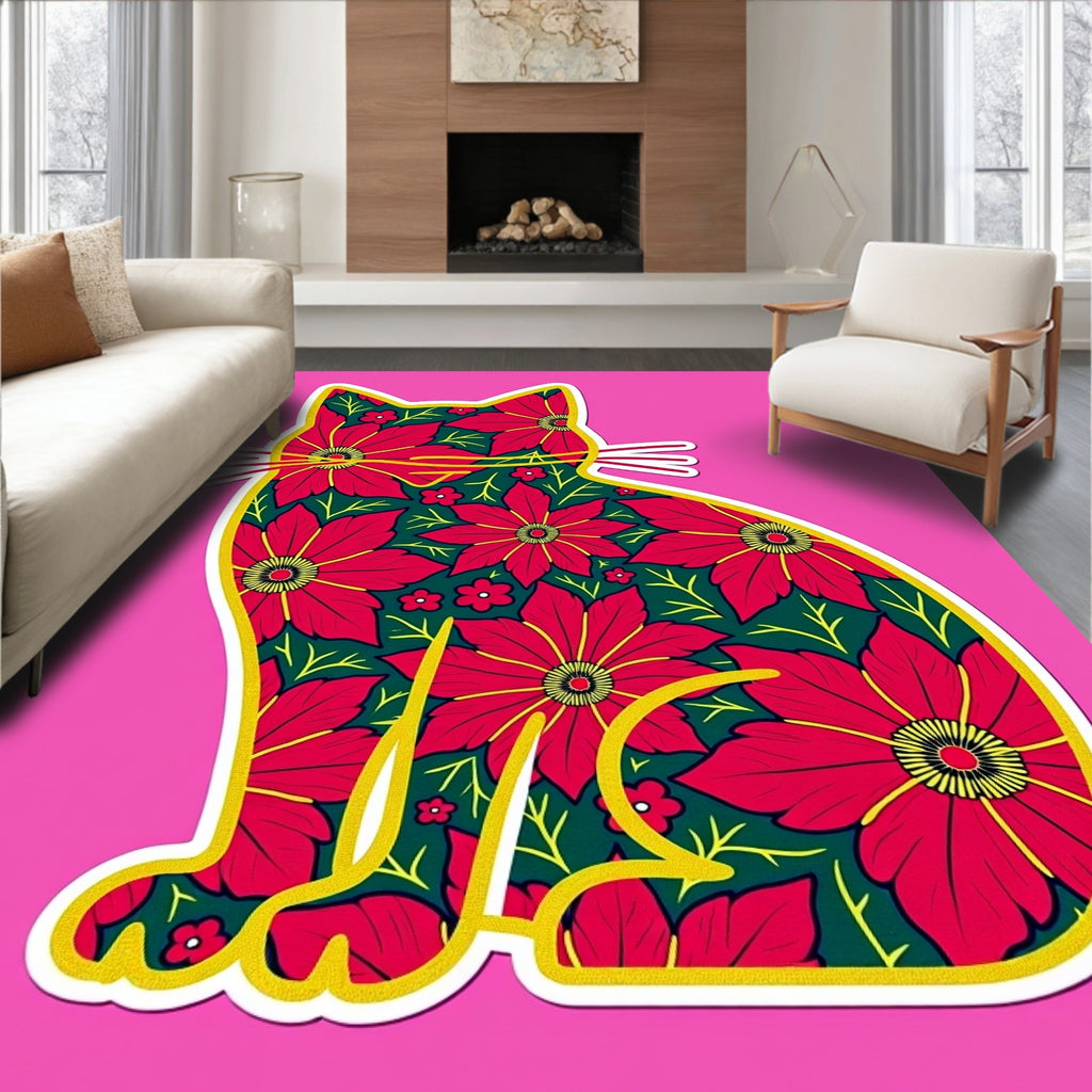 Vibrant Red Floral Cat Folk Art Rug