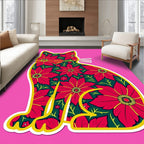 Vibrant Red Floral Cat Folk Art Rug