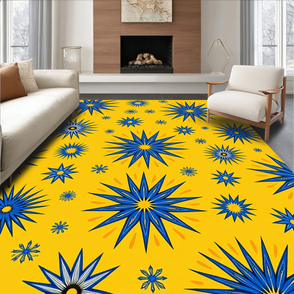 Golden Yellow Blue Sunburst Medallions Rug