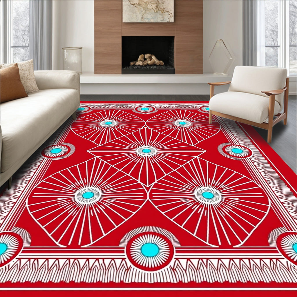 Vivid Red Sunburst Mandala Art Rug