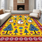 Cheery Snowmen Blue Pine Trees Yellow Rug