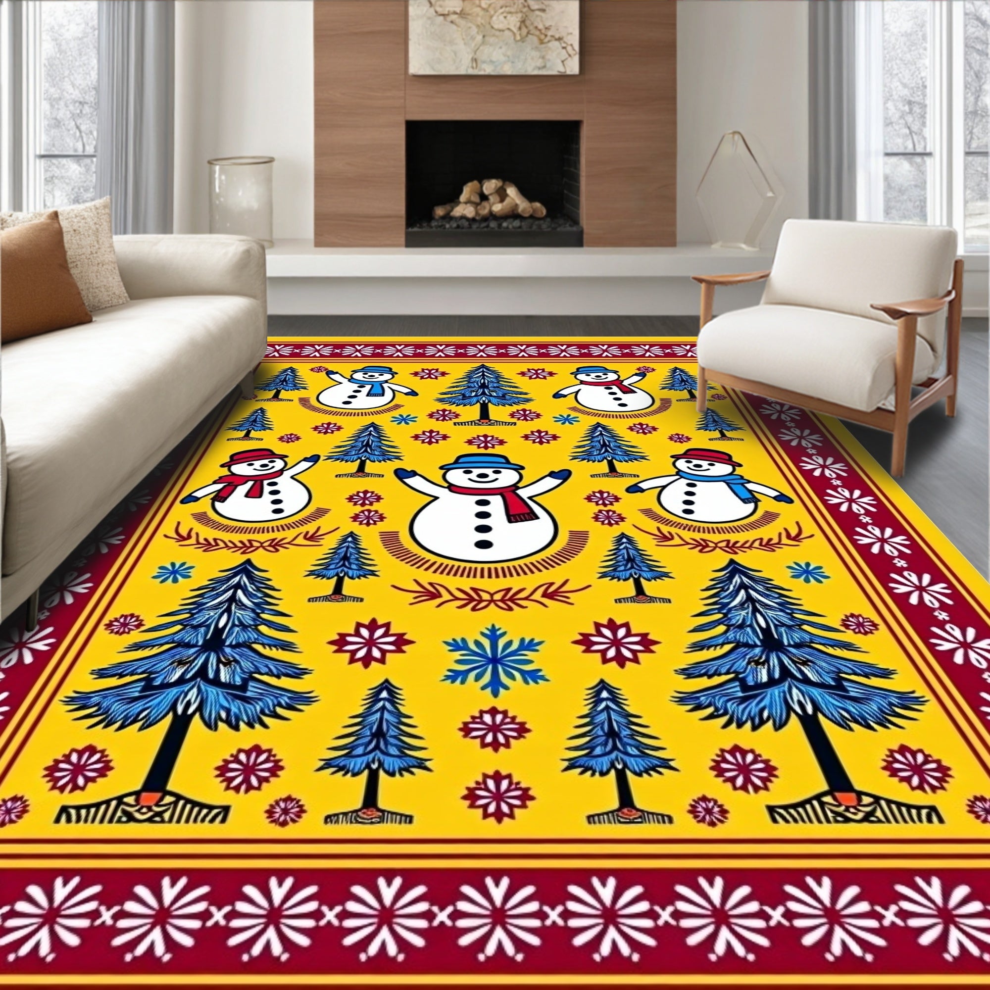 Cheery Snowmen Blue Pine Trees Yellow Rug