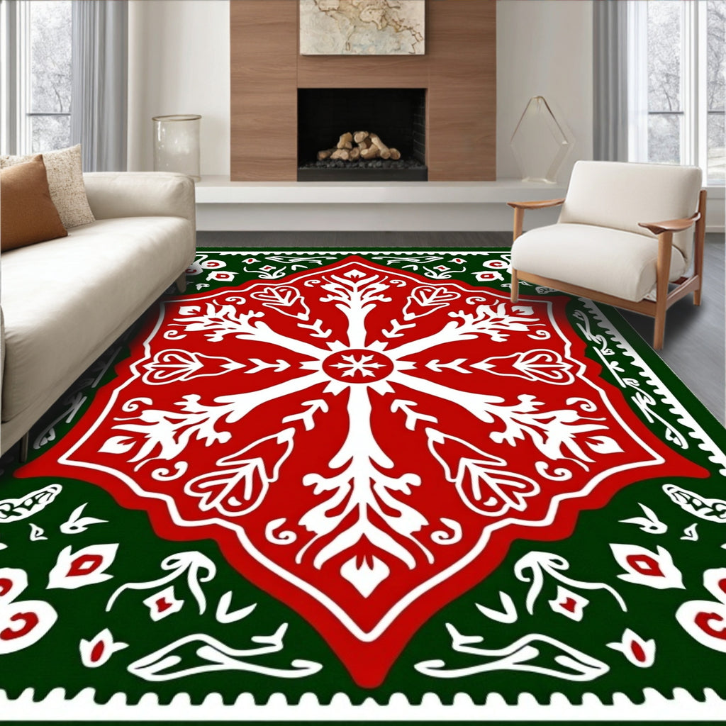 Festive Red White Green Floral Medallion Rug