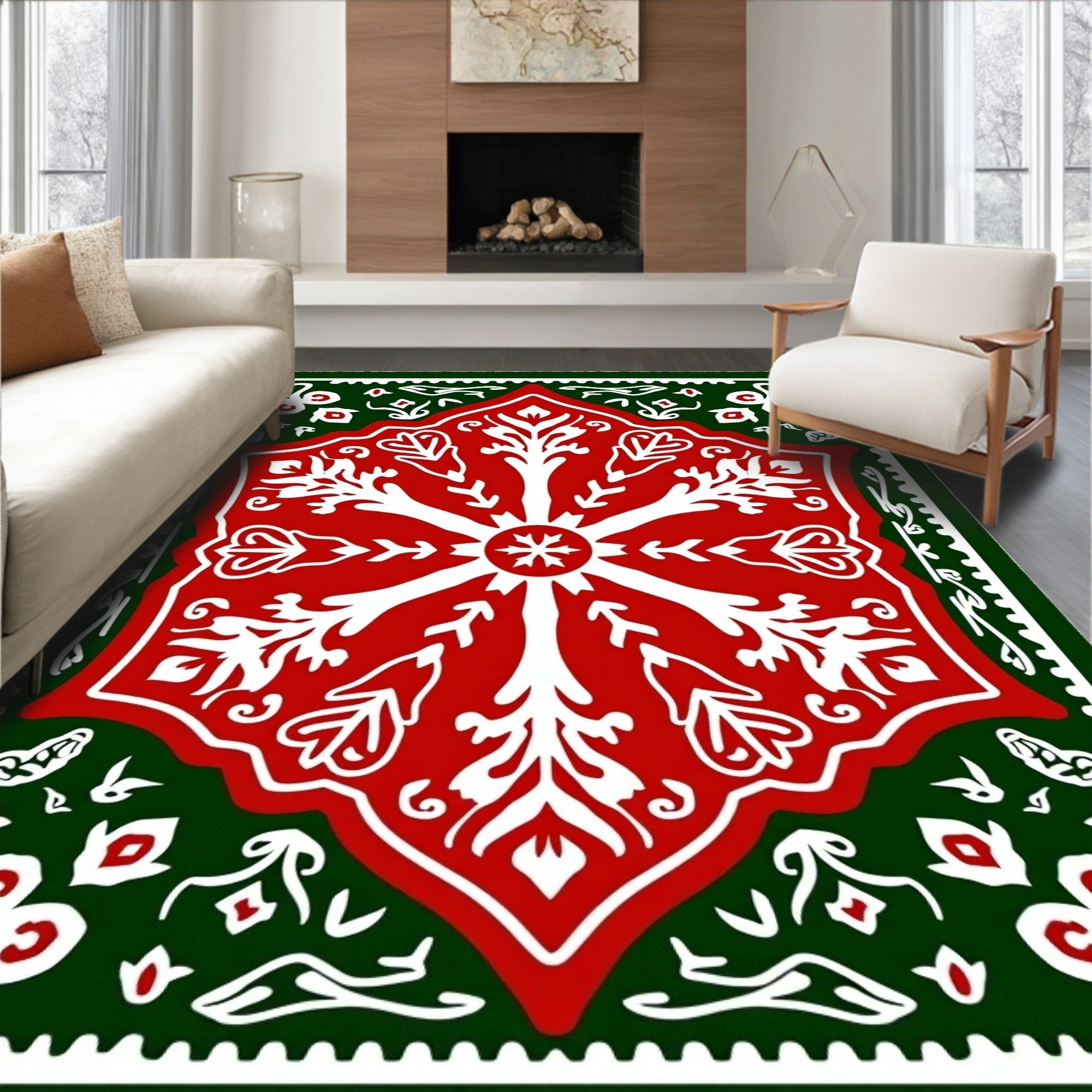 Festive Red White Green Floral Medallion Rug