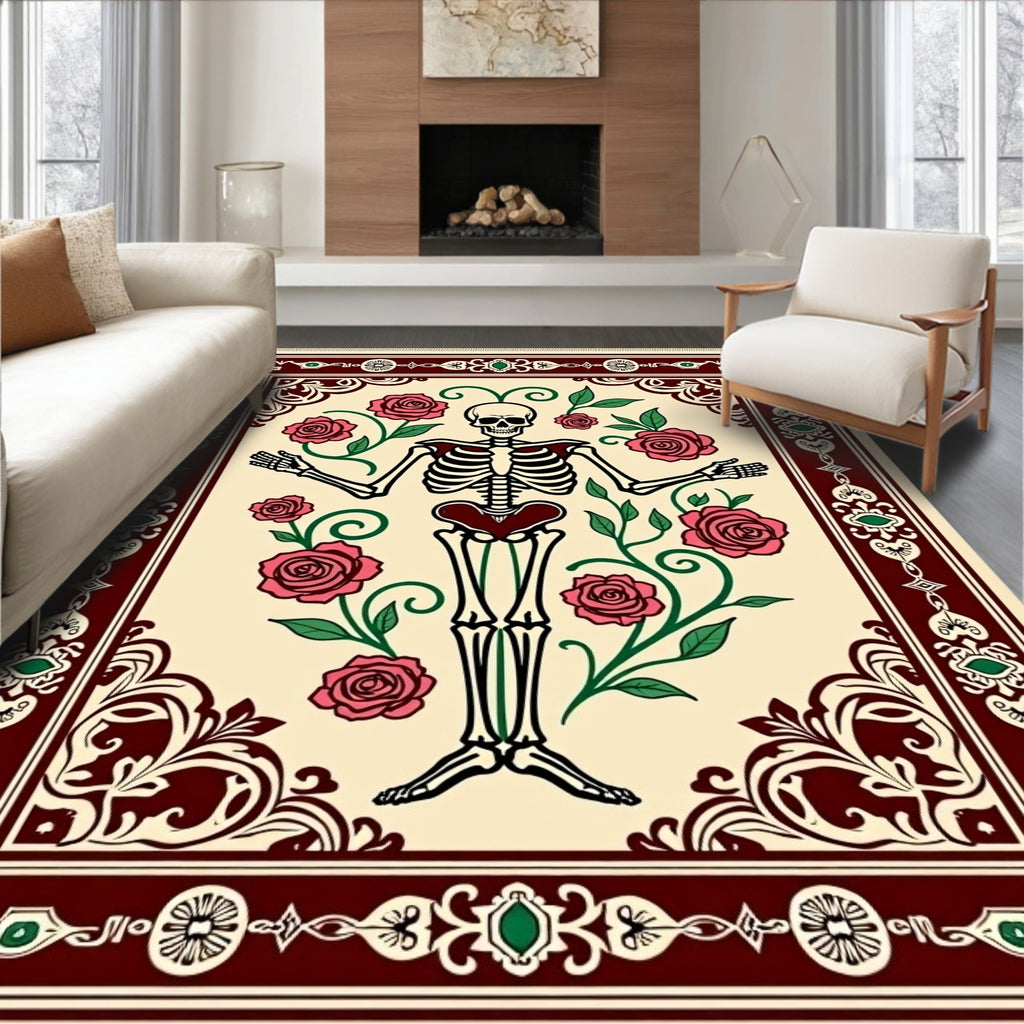 Crimson Rose Skeleton Garden Border Rug