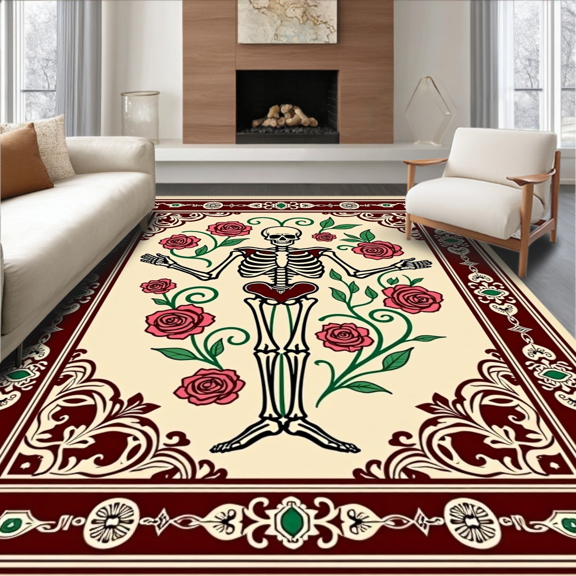 Crimson Rose Skeleton Garden Border Rug