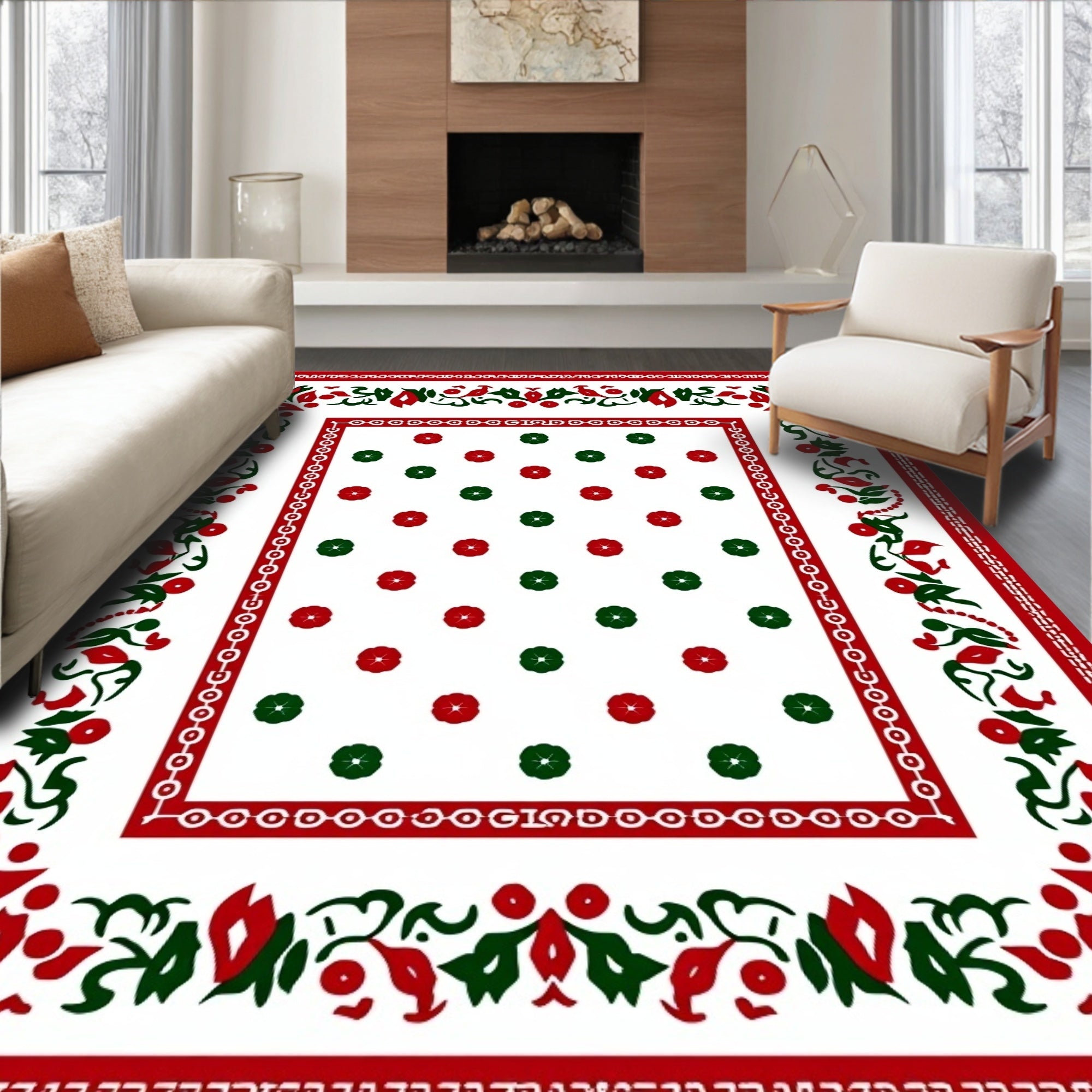 Classic Red Green Floral Medallion Rug