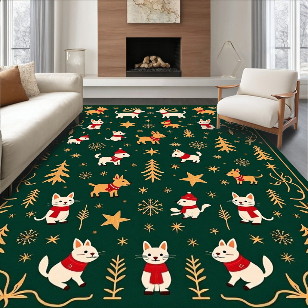 Festive Christmas Animals Gold Stars Green Rug