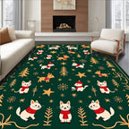 Festive Christmas Animals Gold Stars Green Rug