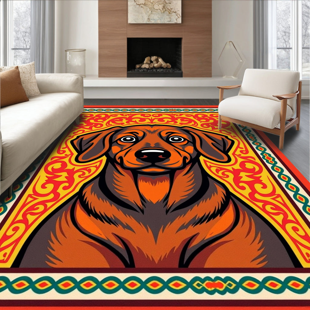 Vibrant Dog Amber Ornate Frame Rug
