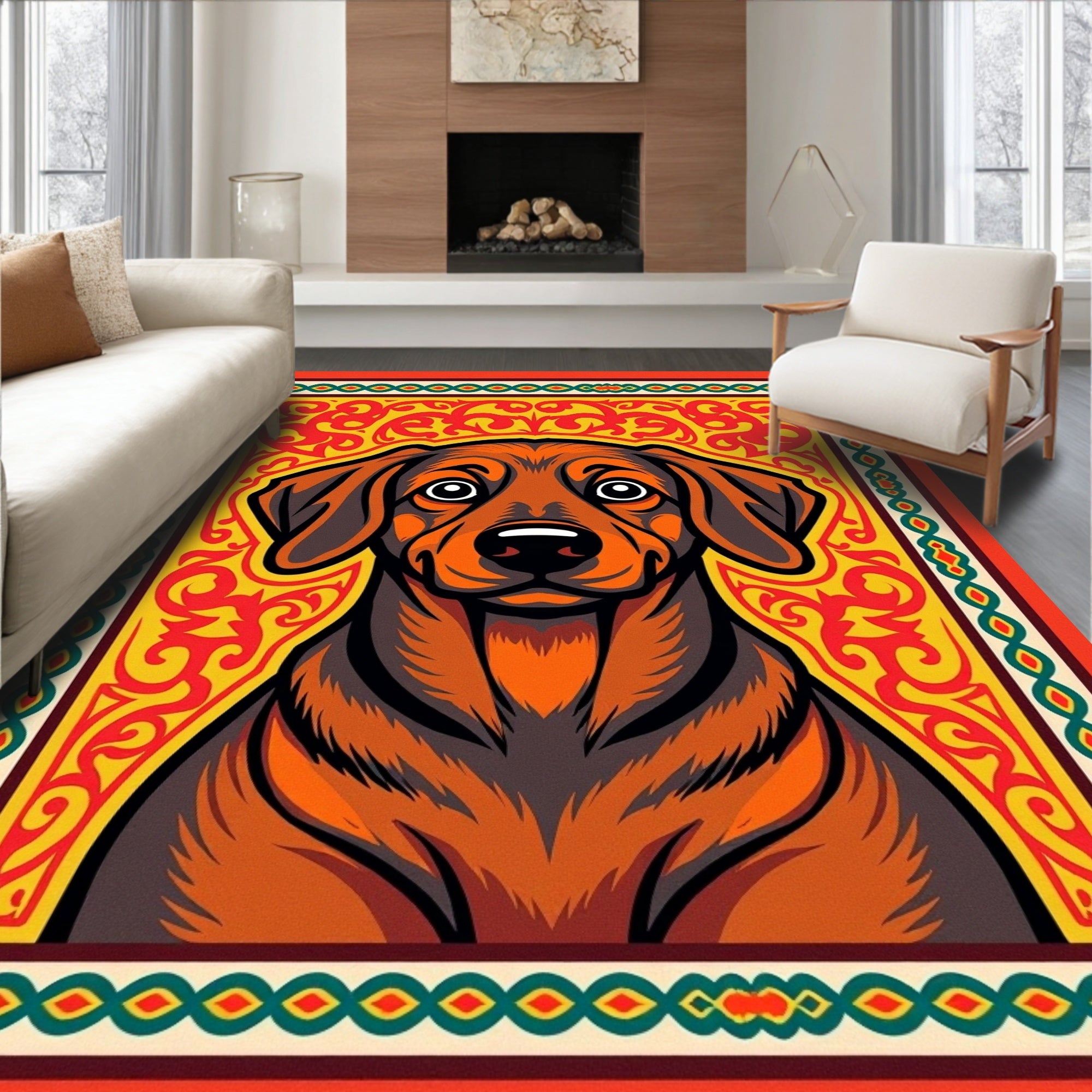 Vibrant Dog Amber Ornate Frame Rug