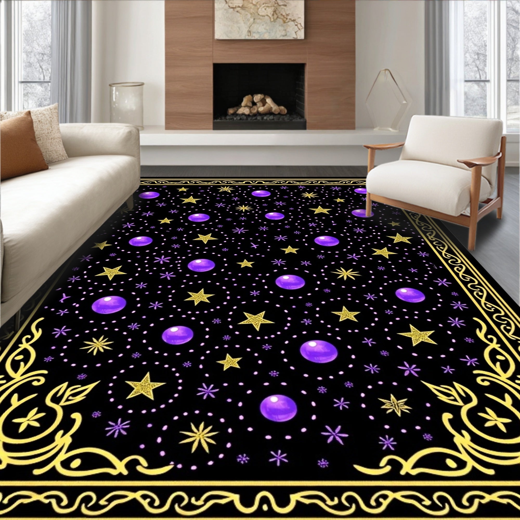 Cosmic Yellow Star Purple Orb Rug