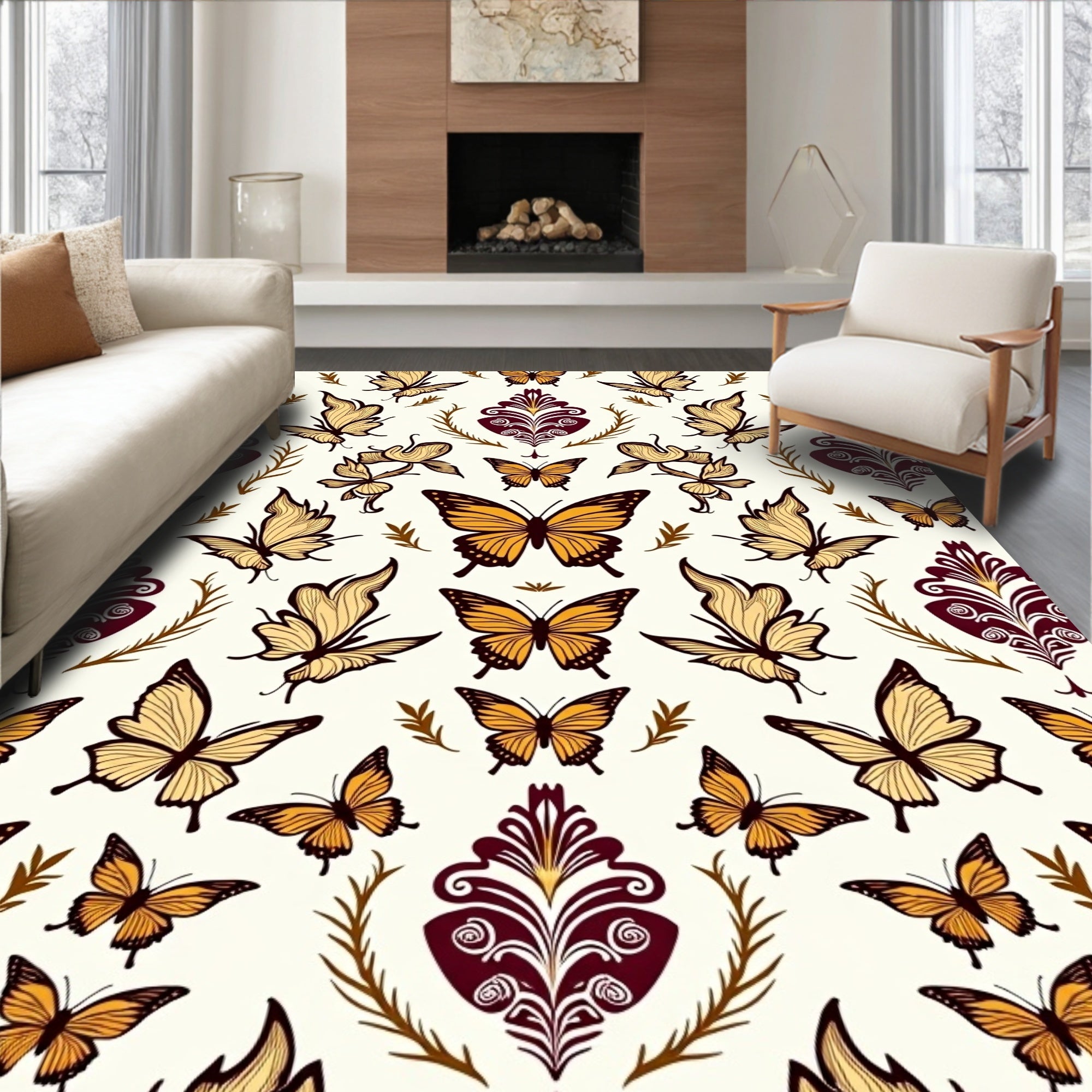 Golden Butterflies and Burgundy Damask Rug