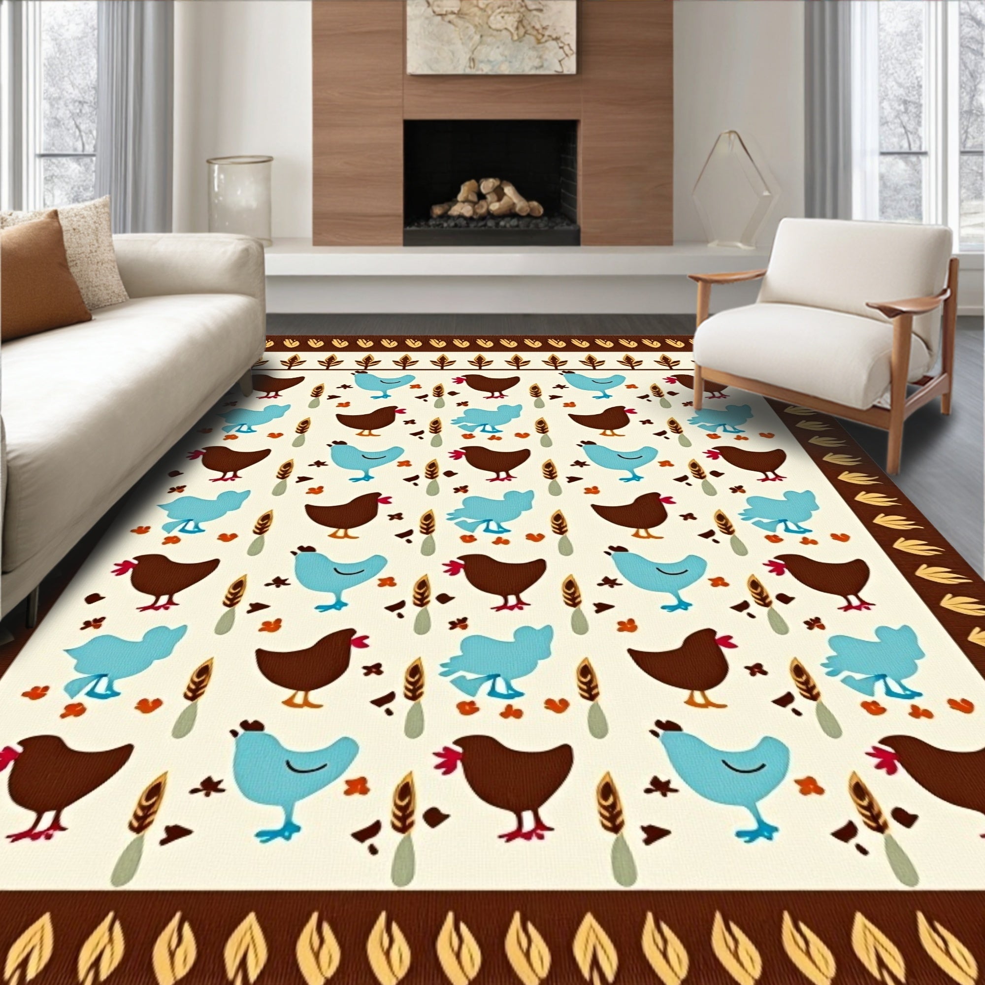 Brown Blue Chicken Folk Art Rug
