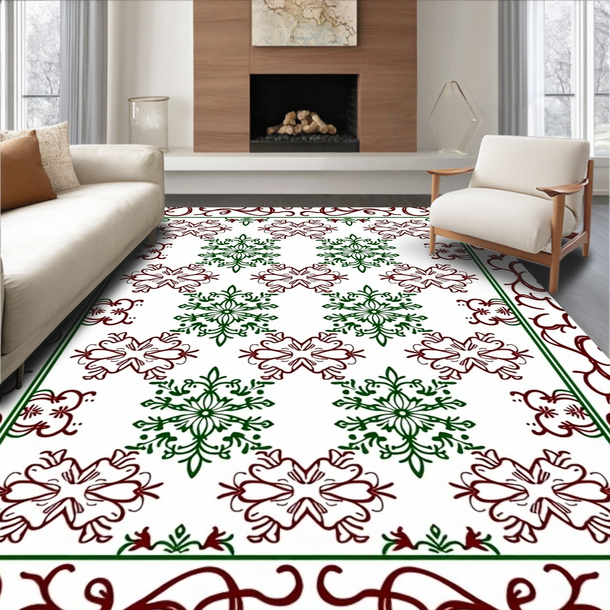 Lacy Burgundy Green Snowflake Garland Rug