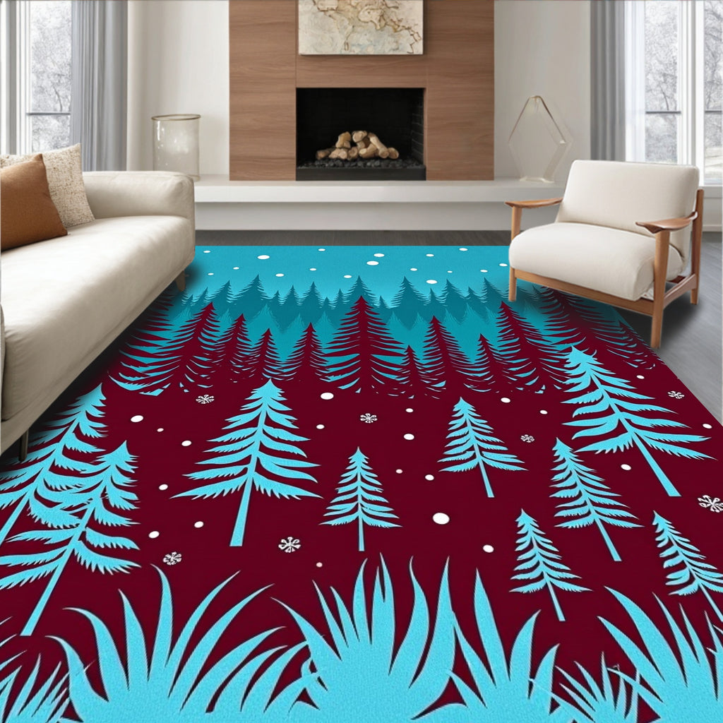 Crimson Teal Winter Forest Snowfall Rug