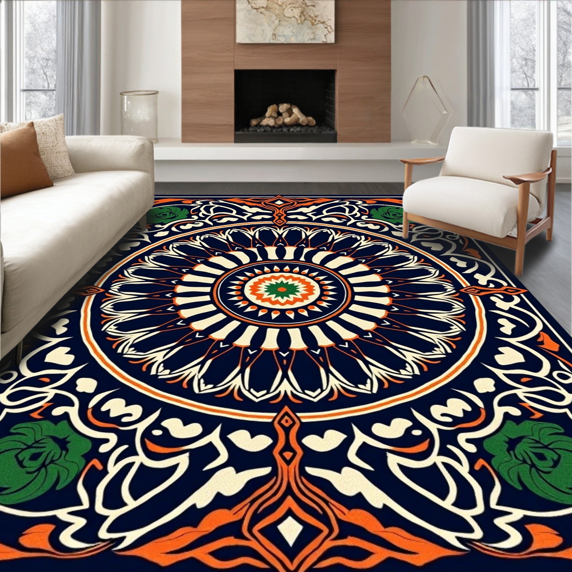 Navy Orange Green Floral Mandala Rug