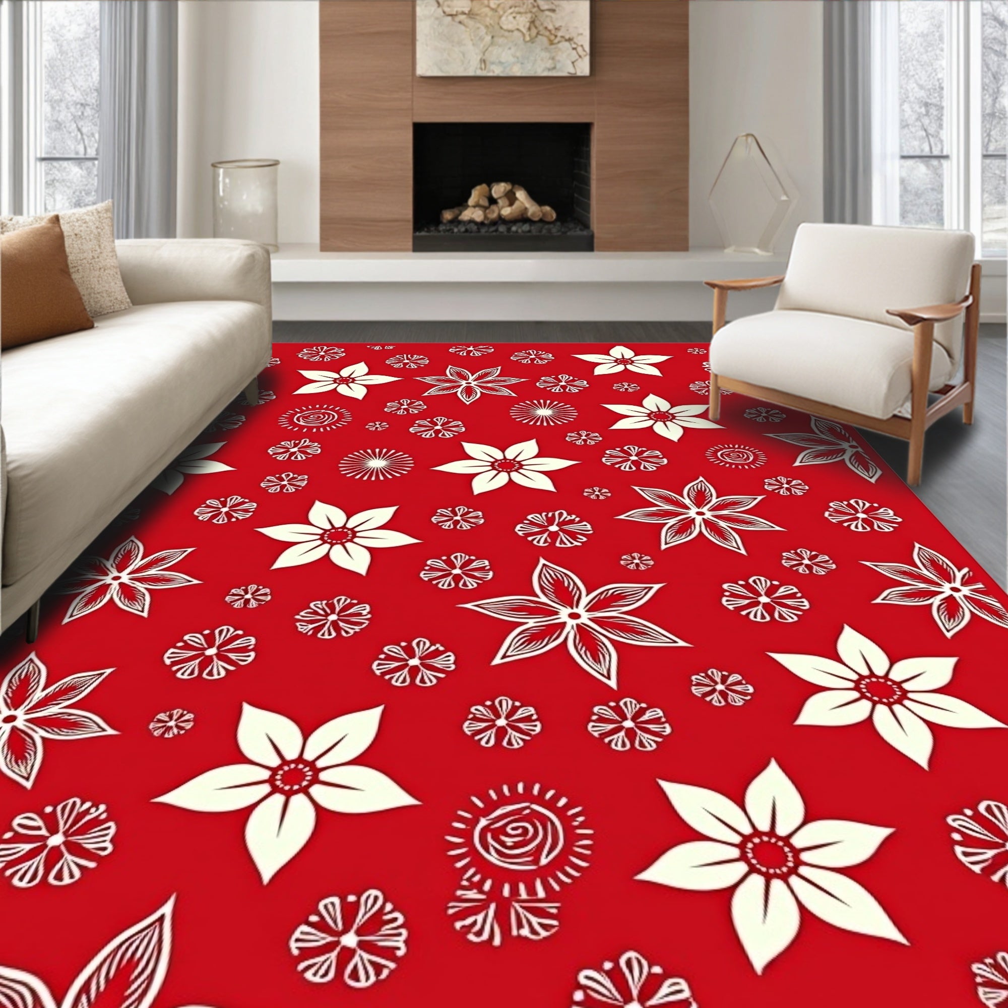 Crimson White Floral Scatter Garden Rug