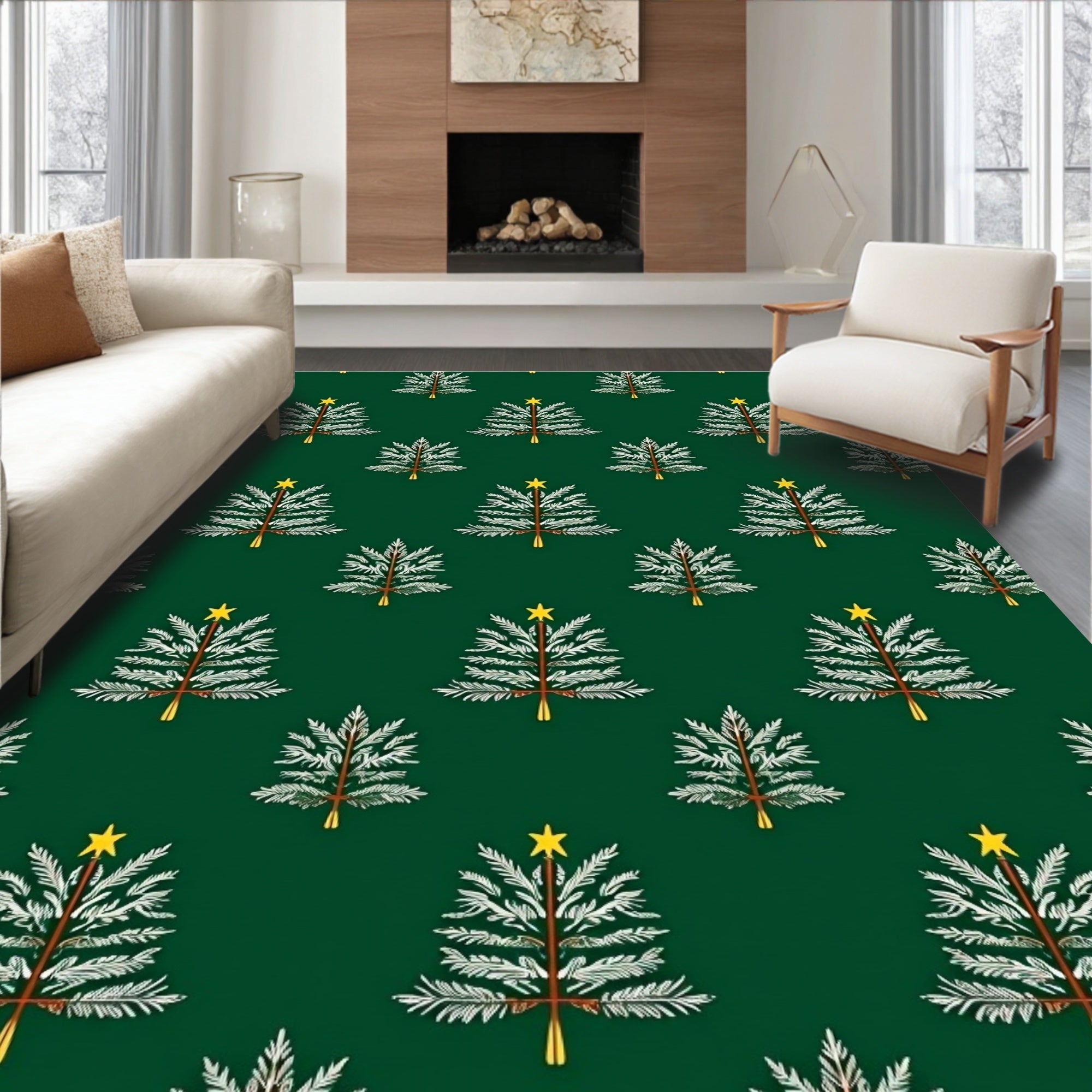 Green Evergreen Trees Star Accent Rug