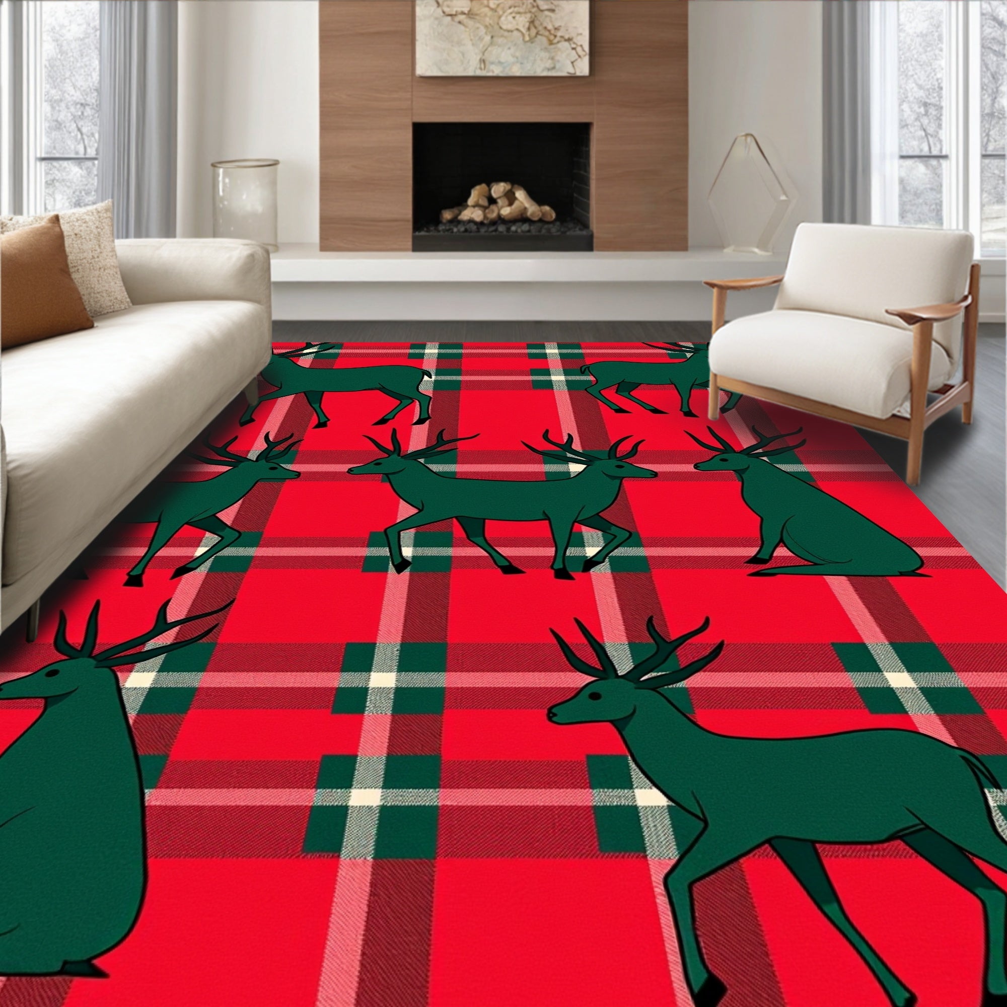 Crimson Plaid Green Deer Repeat Rug