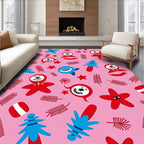 Whimsical Red Blue Characters Pink Background Rug